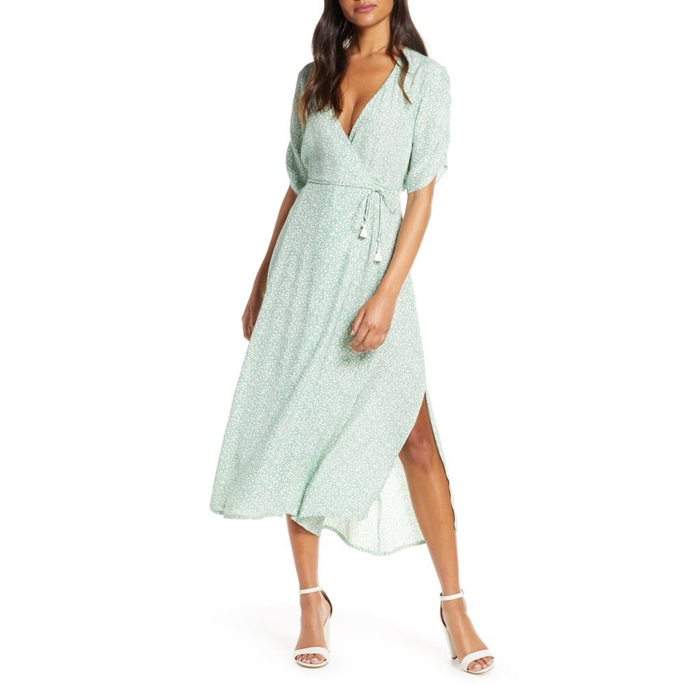 Faithfull The Brand Chiara Green Floral Wrap Midi Dress Size Small 4